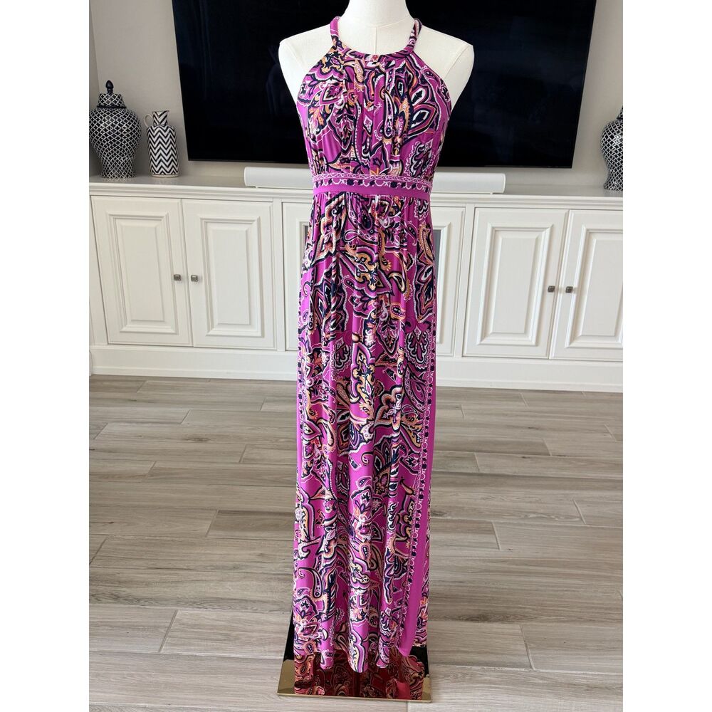 INC International Concepts Pink Paisley Halter Maxi Dress, Keyhole Back, Size S